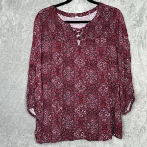 Westport 1X Top Shirt Burgundy Red Paisley Scoop Neck 3/4 Sleeve Keyhole Knit